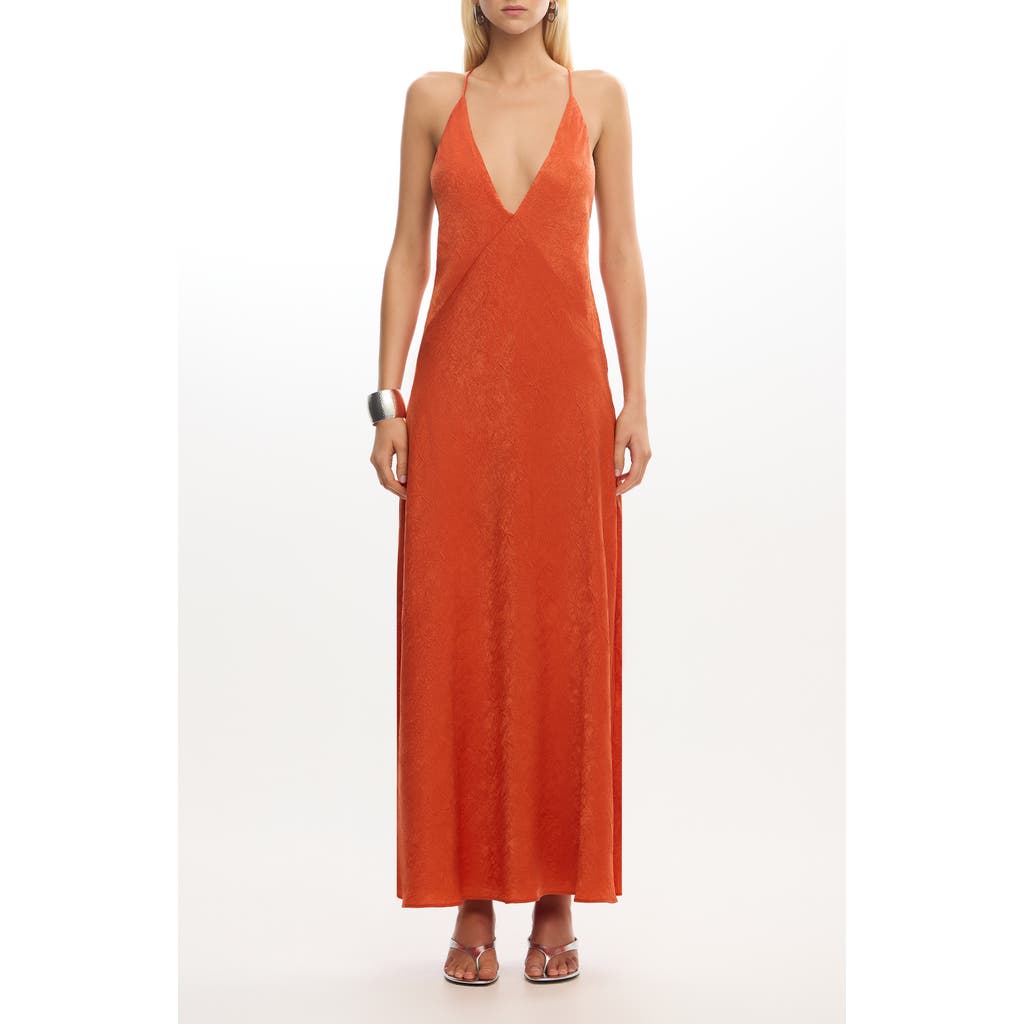 Significant Other Arielle Plunge Back Crushed Satin Maxi Slipdress In Brown
