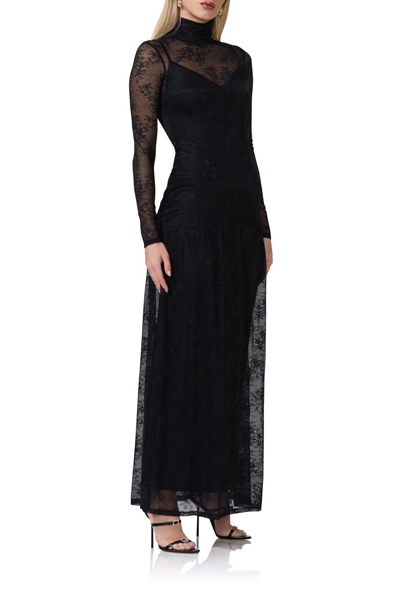 Billie Long Sleeve Sheer Lace Maxi Dress, Alternate, color, NOIR