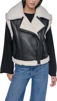DKNY Patch Mix Faux Fur Long Vest