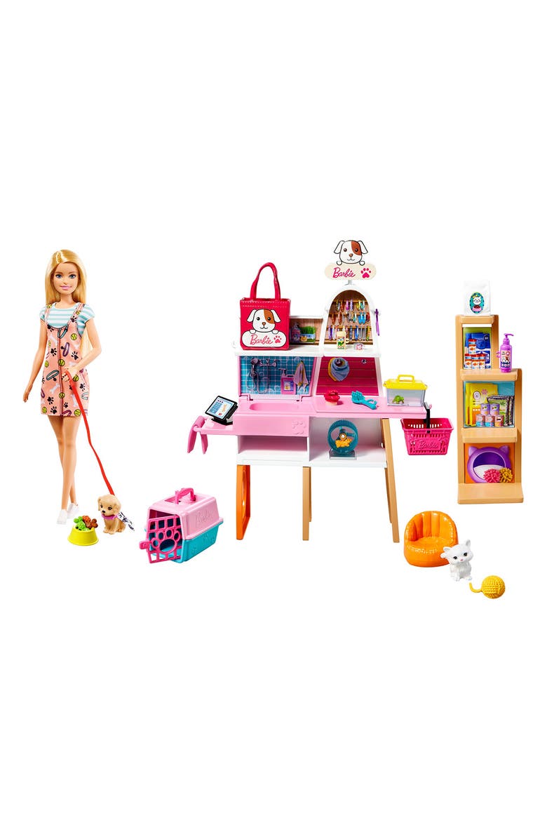 Barbie Mattel Barbie<sup>®</sup> Doll (11.5" Blonde) and Pet Boutique Playset with 4 Pets, Color-Change Grooming Feature and Accessories, Main, color, 