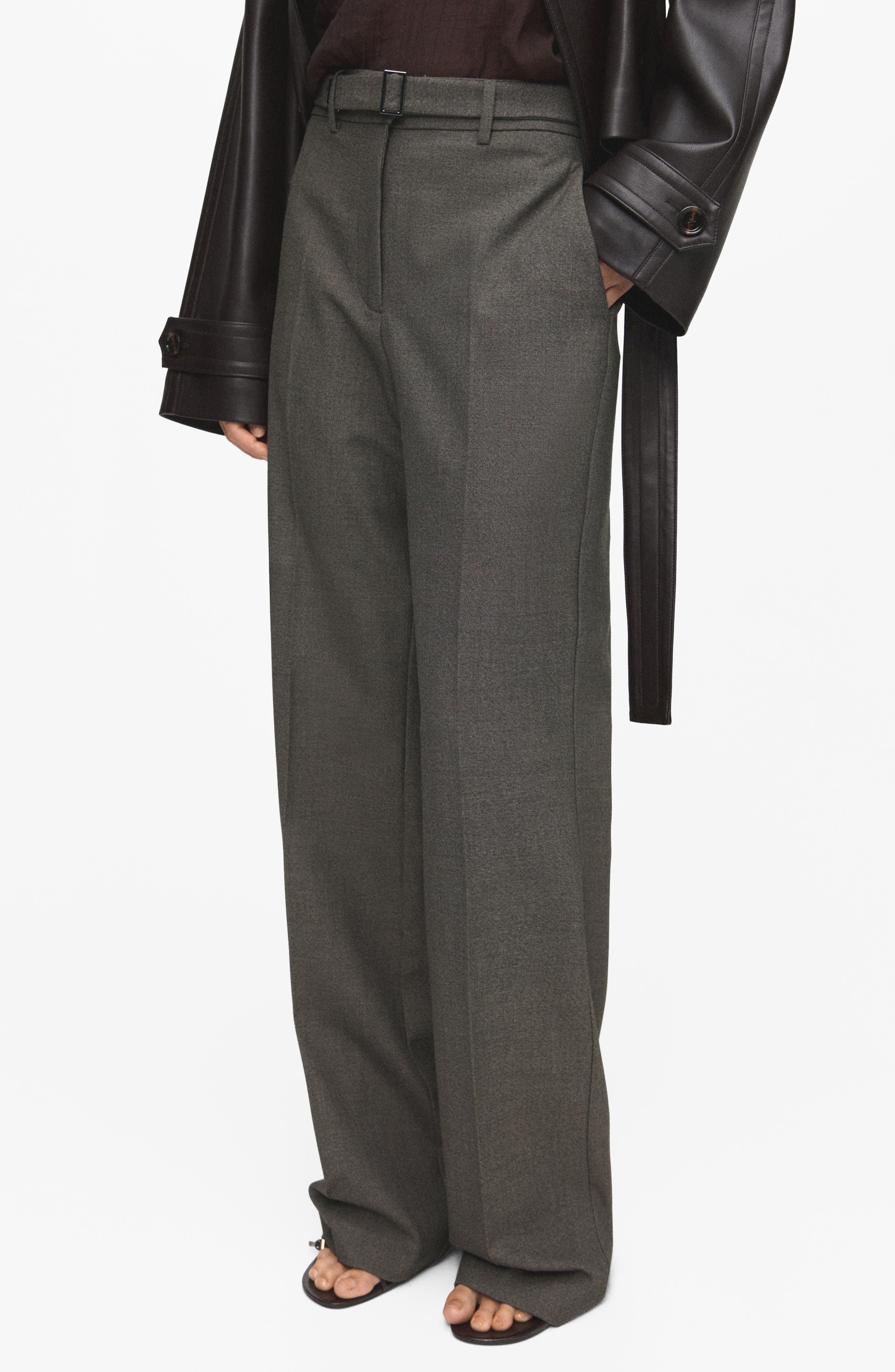 Mango Belted Pleated Straight Leg Pants In Gray
