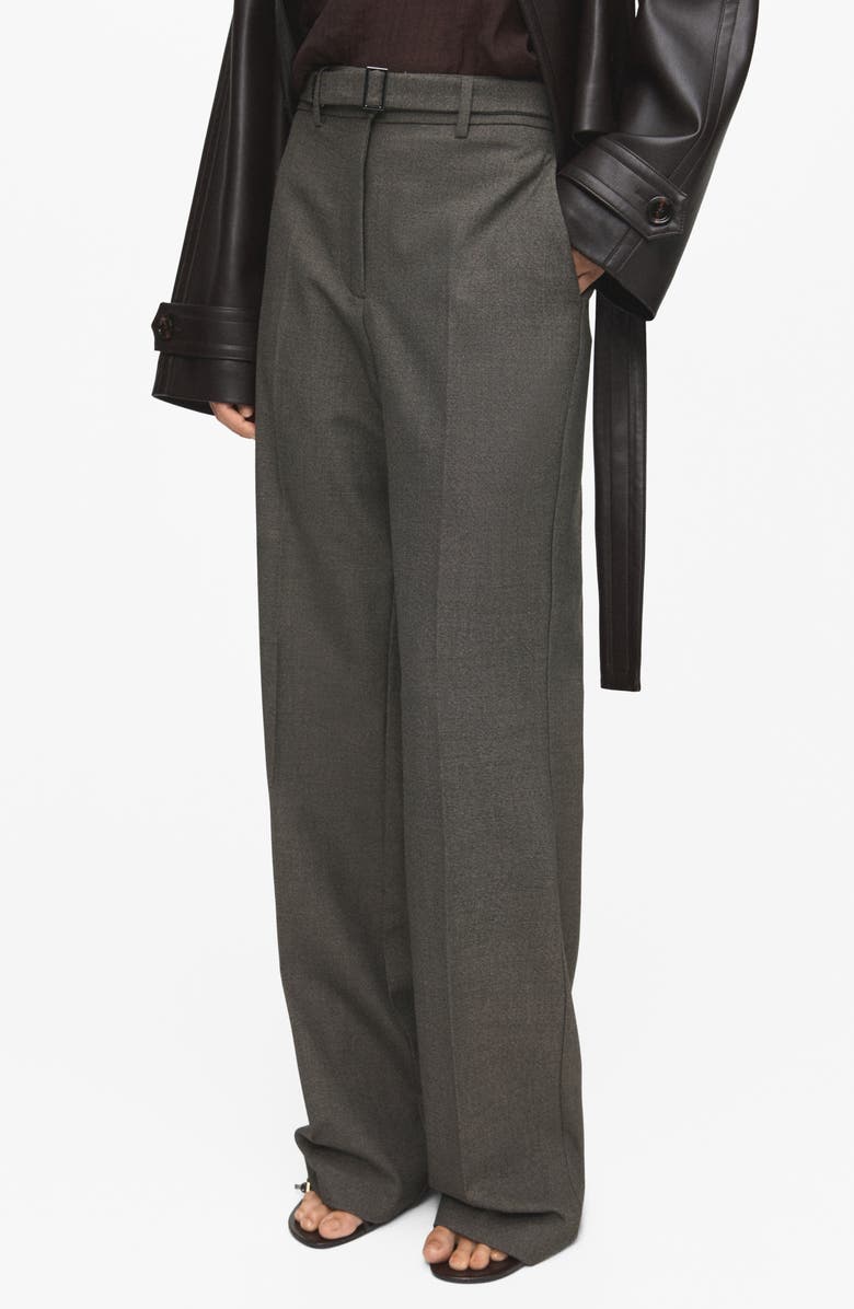 MANGO Belted Pleated Straight Leg Pants, Main, color, Grey