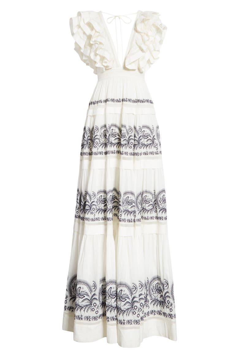 Marjorie Ruffle Embroidered Tier Cotton Maxi Dress, Alternate, color, BLANC