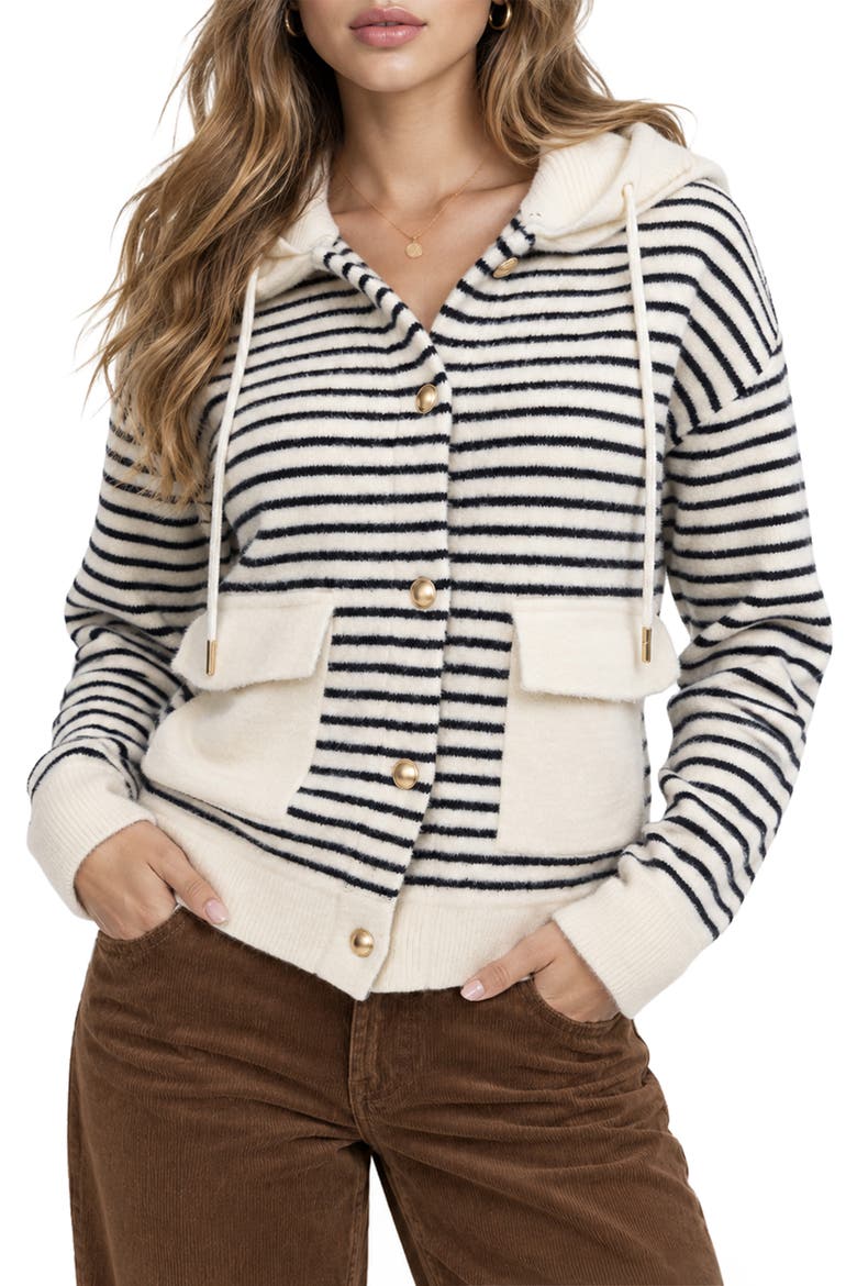 Genie Striped Hooded Bomber Sweater Jacket, Main, color, EGGNOG/ BLACK STRIPE