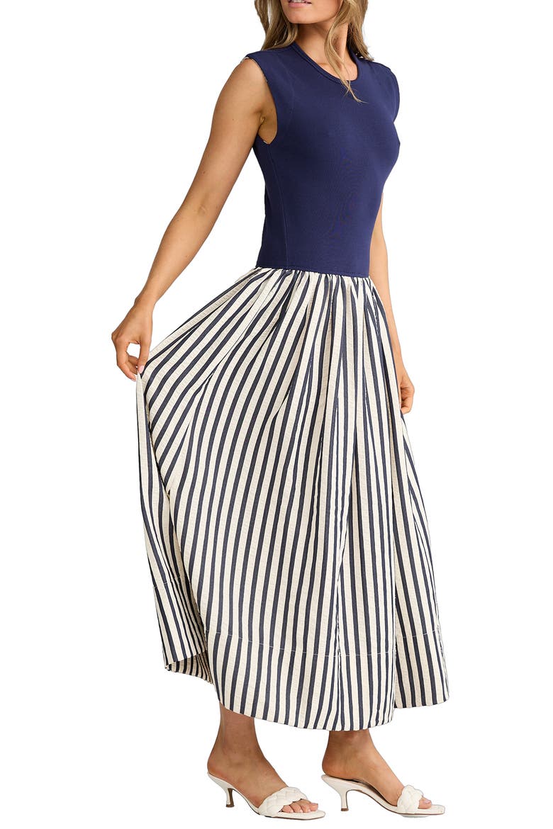 Daphne Sleeveless Mixed Media Dress, Alternate, color, NAVY WIDE STRIPE