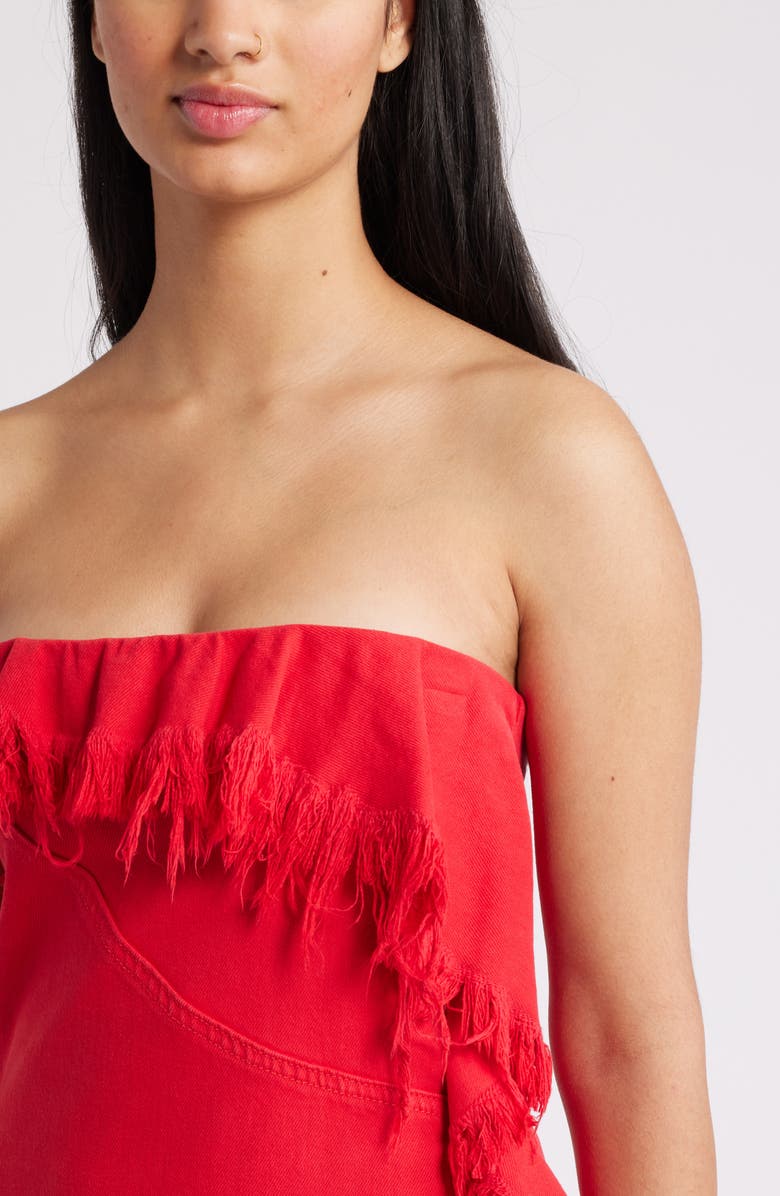 Mistress Rocks Frayed Strapless Denim Minidress, Alternate, color, Red