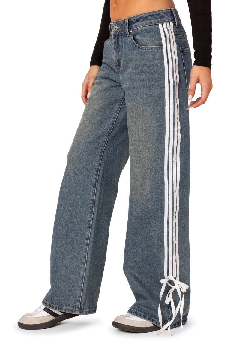 Mattie Side Stripe Bow Low Rise Wide Leg Jeans, Alternate, color, BLUE-WASHED