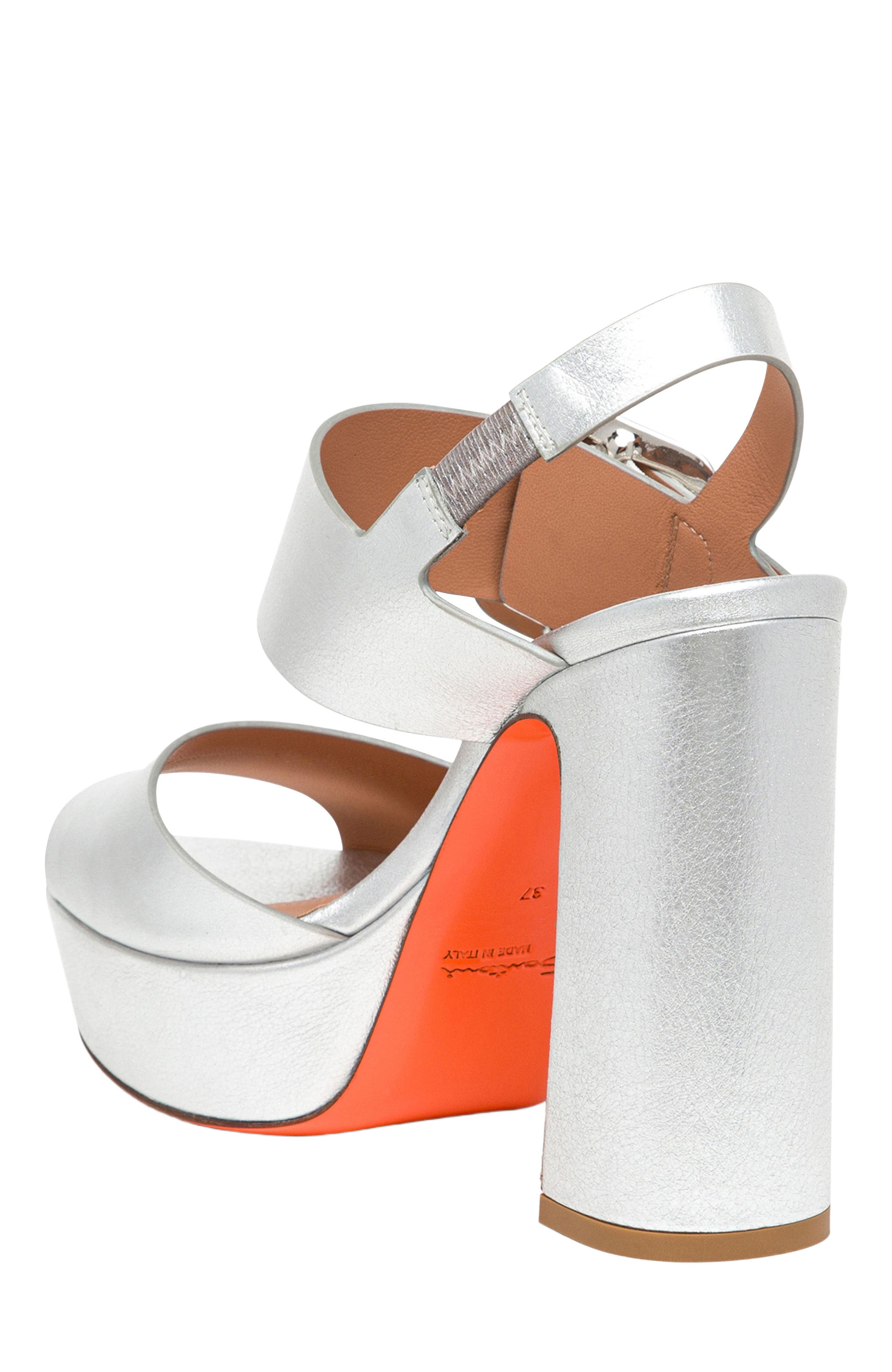 Santoni Women
s laminated leather high-heel sandal, Alternate, color, Silver