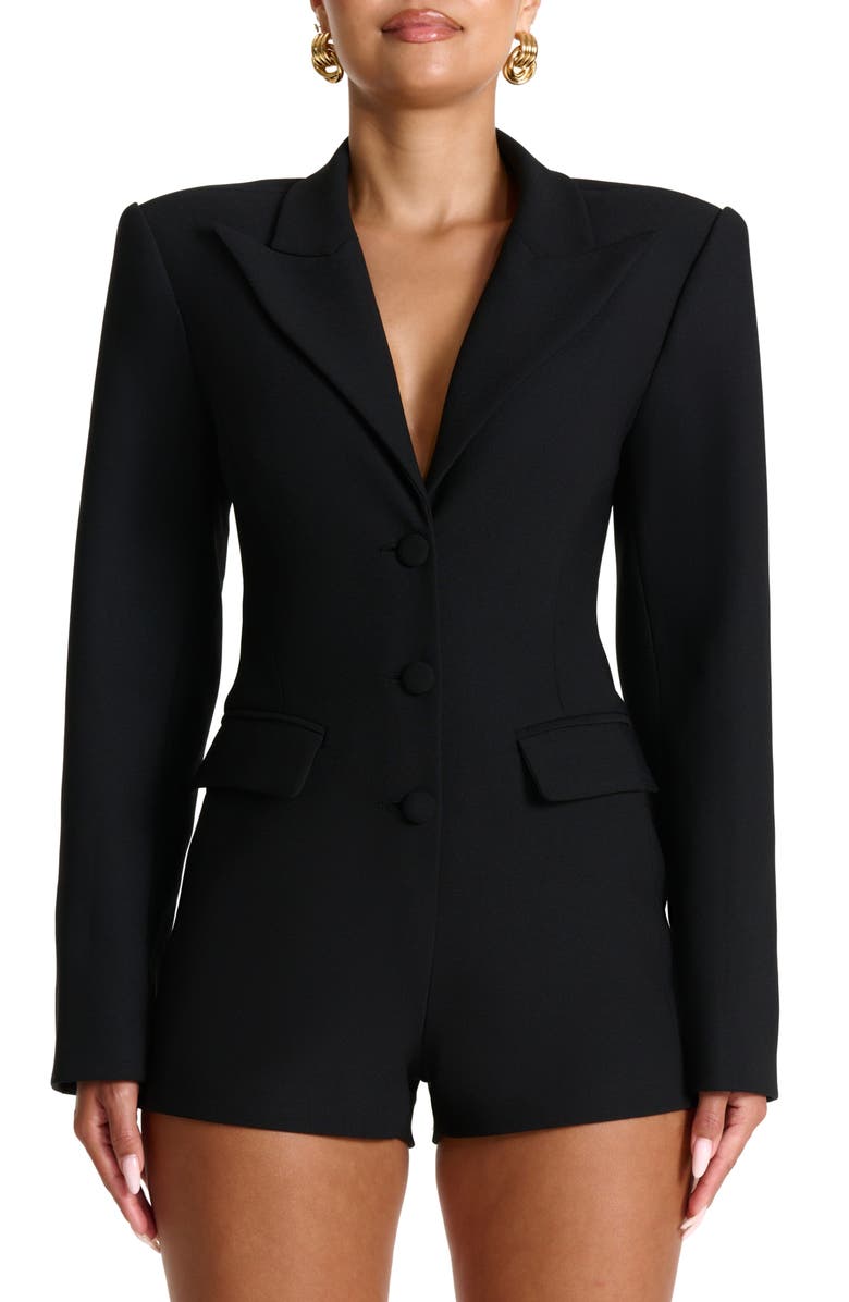Naked Wardrobe Long Sleeve Ponte Blazer Romper, Alternate, color, Black