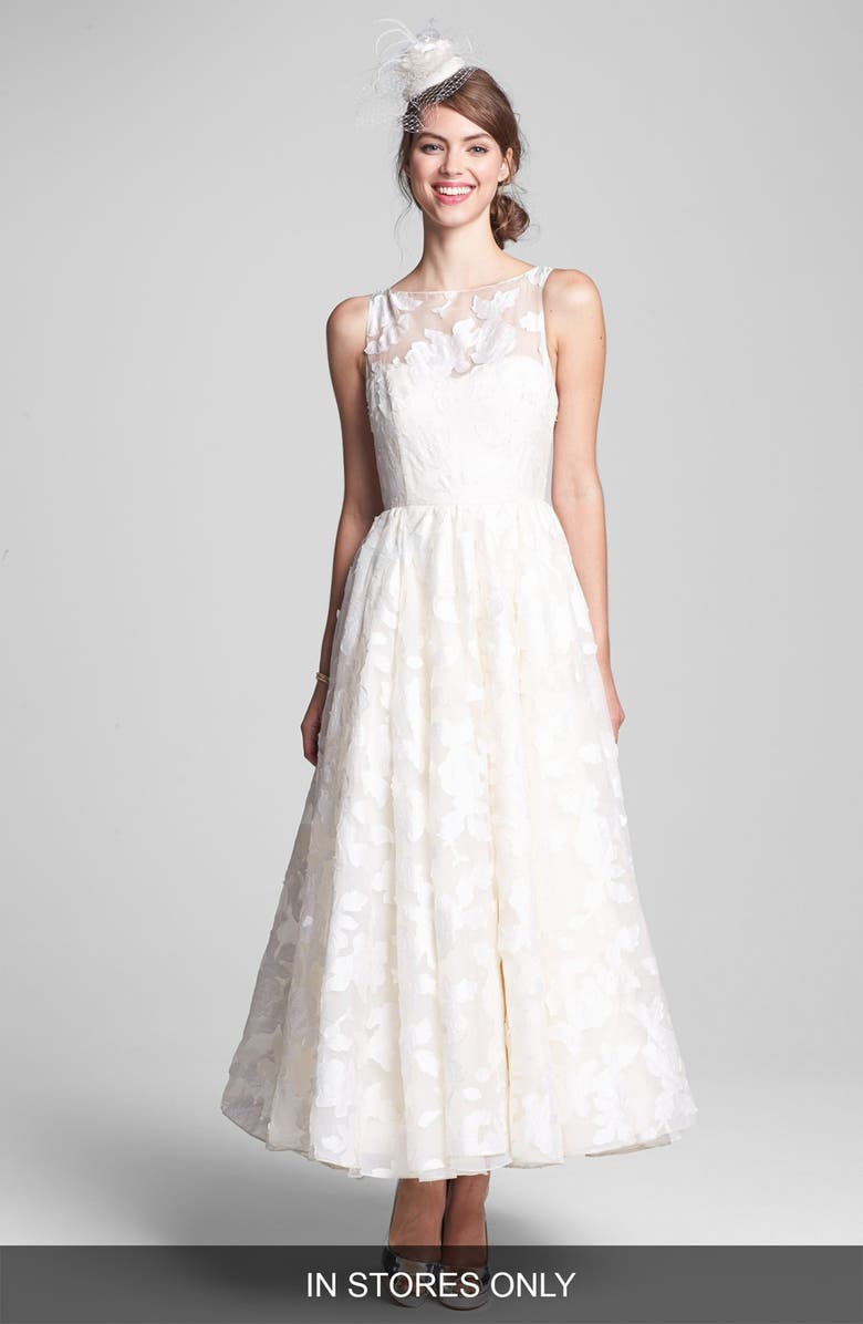 Hayley Paige 'Hepburn' Floral Appliqué Silk Organza Dress, Main, color,