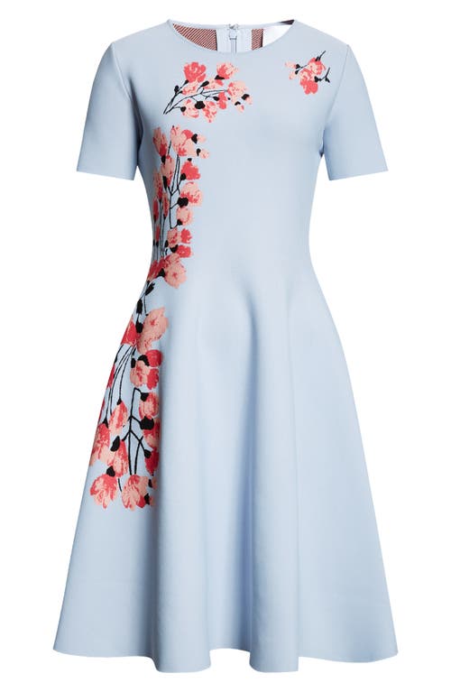 Carolina Herrera Floral Jacquard Short-sleeve Flare Dress In Celeste Multi