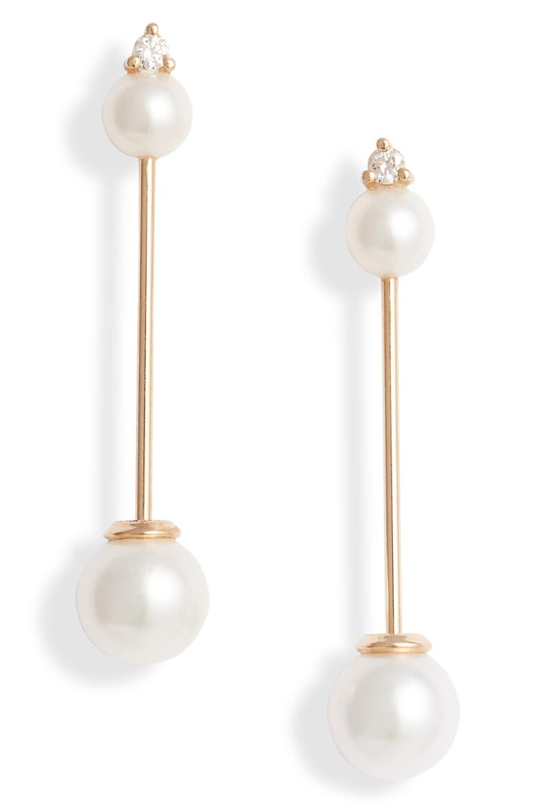 Freshwater Pearl & Diamond Linear Drop Earrings, Main, color, YELLOW GOLD/ PEARL/ DIAMOND