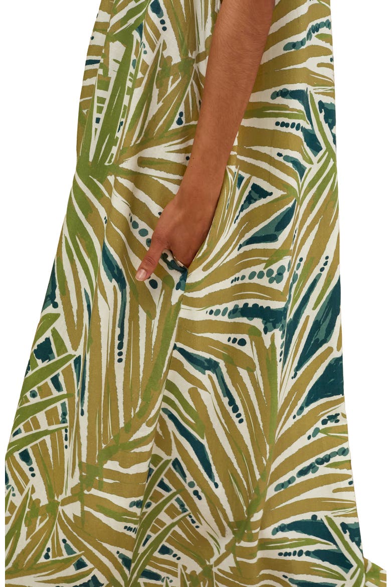 Sleeveless V-Neck Linen Maxi Dress, Alternate, color, Palm Print