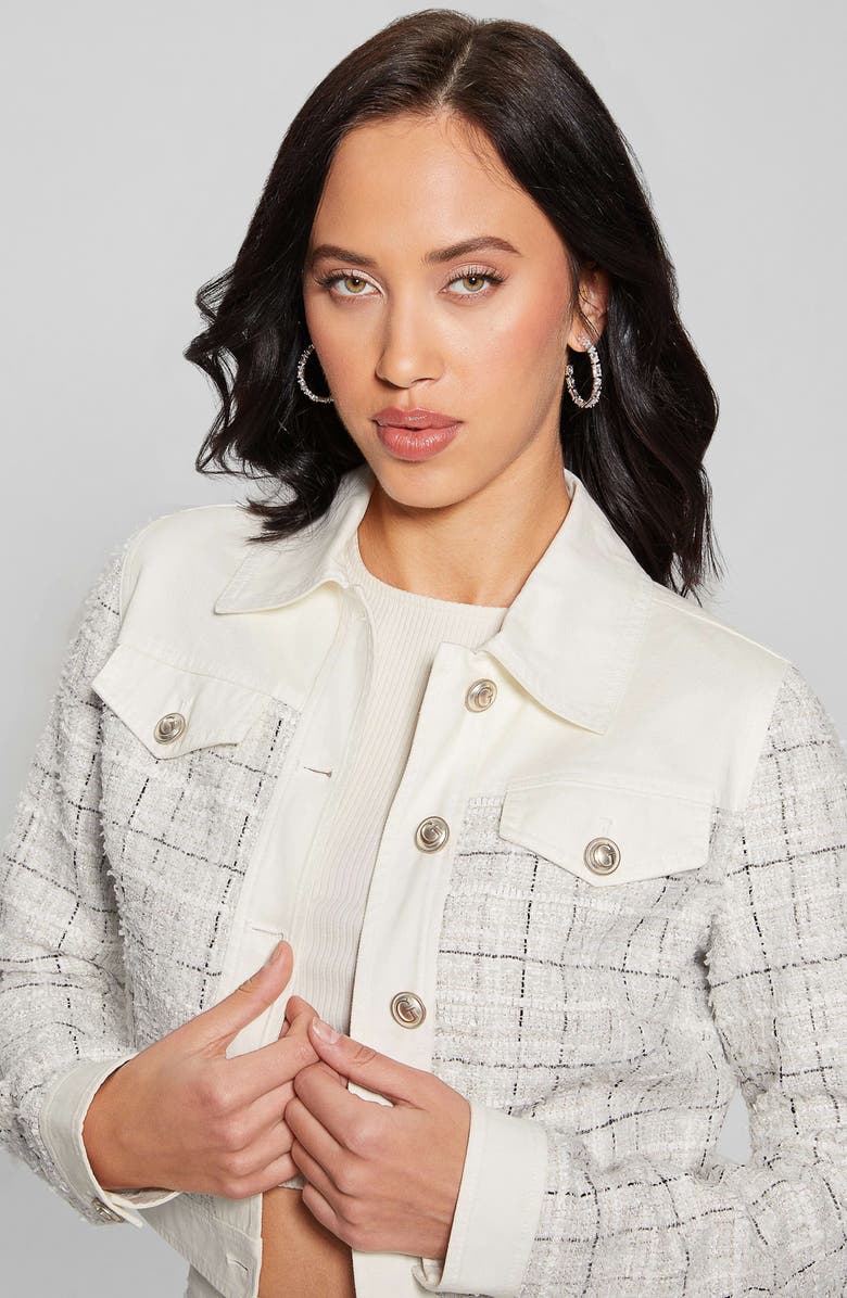 GUESS Natalie Plaid Tweed Trucker Jacket, Alternate, color, 