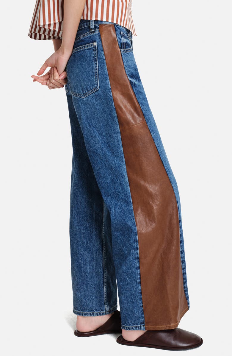 TWP Ramblin Man Faux Leather Detail Wide Leg Jeans, Alternate, color, Paris / Mahogany