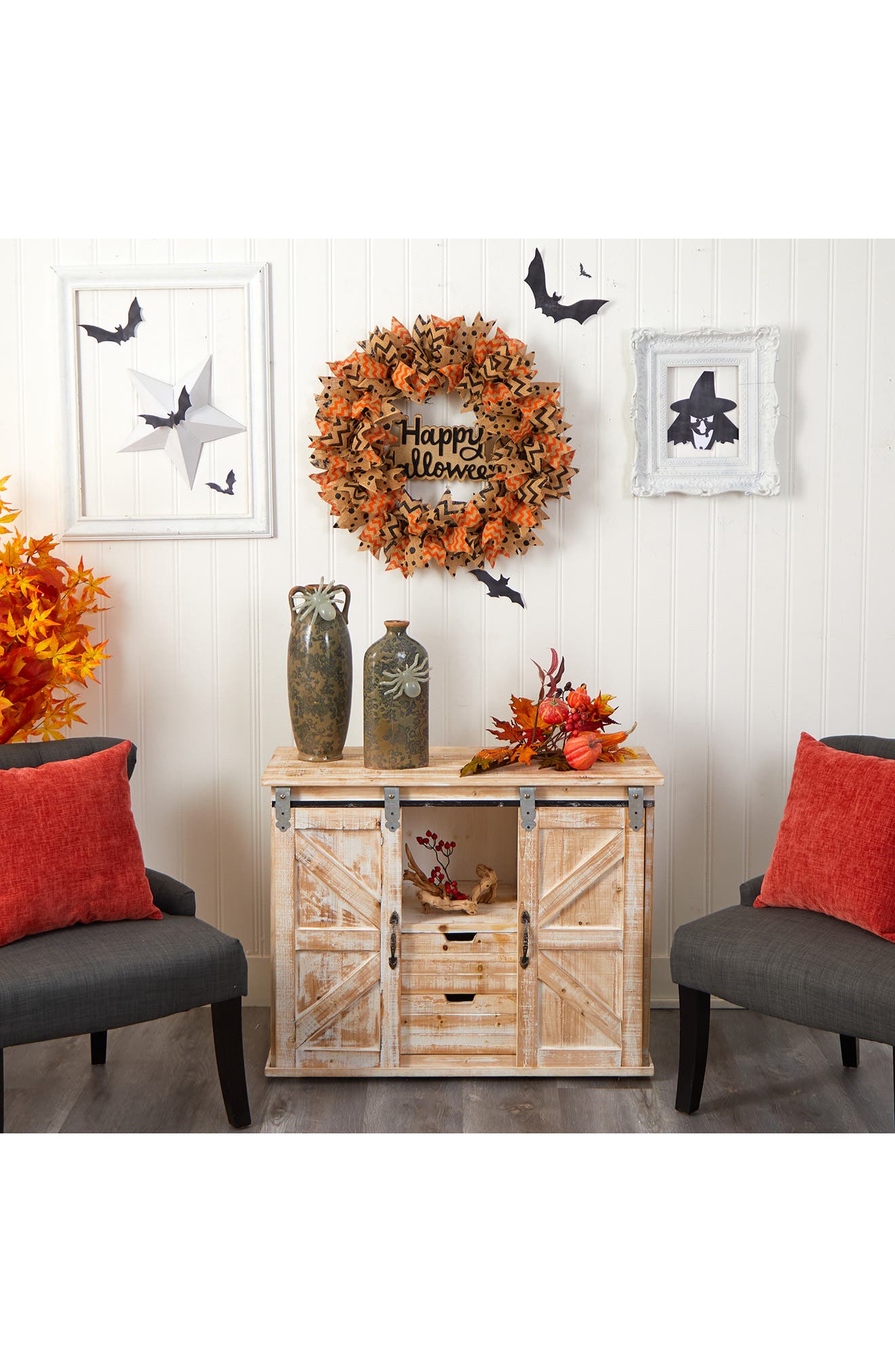 NEARLY NATURAL Halloween Sign Burlap Ribbon Wreath | Nordstromrack