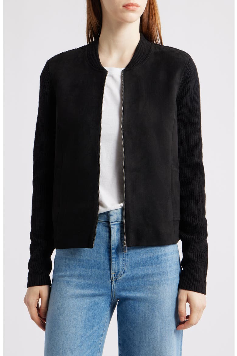 Mixed Media Bomber Jacket, Main, color, BLACK ONYX