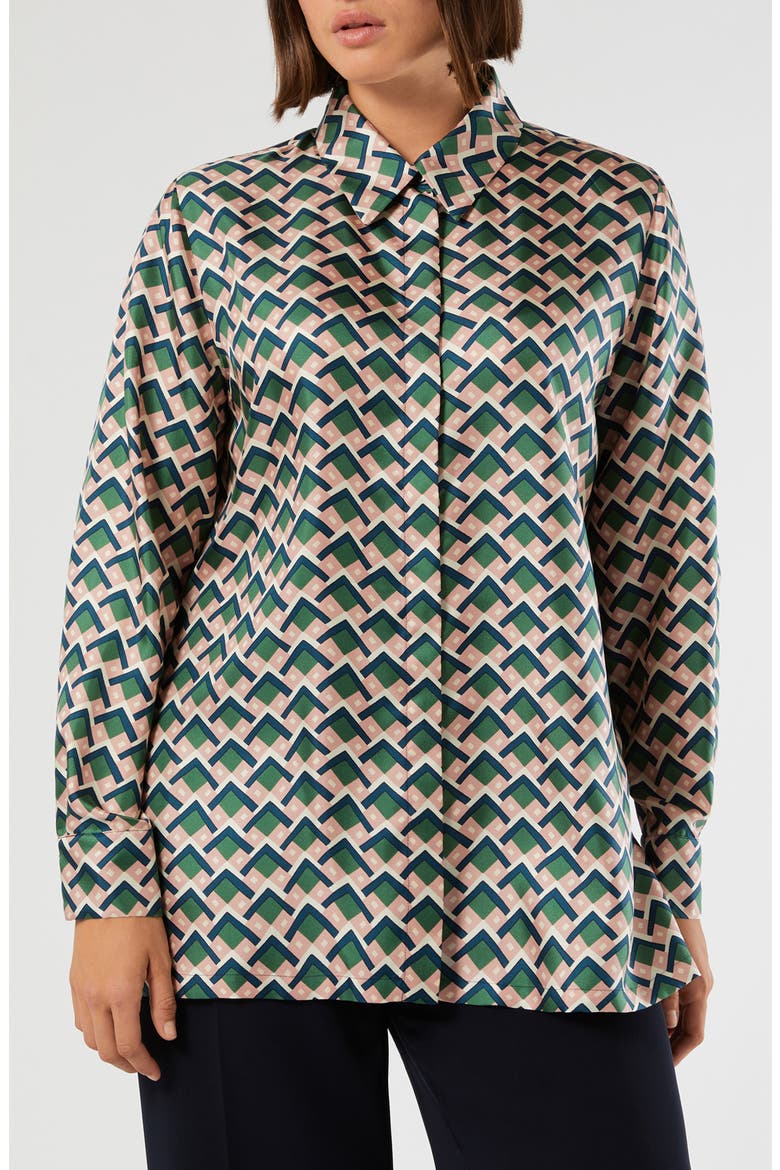 Yelina Geometric Print Silk Button-Up Shirt, Main, color, ULTRAMARINE