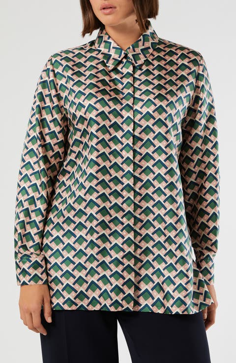 Yelina Geometric Print Silk Button-Up Shirt (Plus)