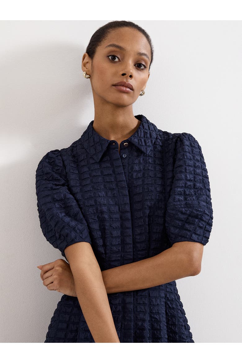 Yasmine Textured Puff Sleeve Midi Dress, Alternate, color, Navy