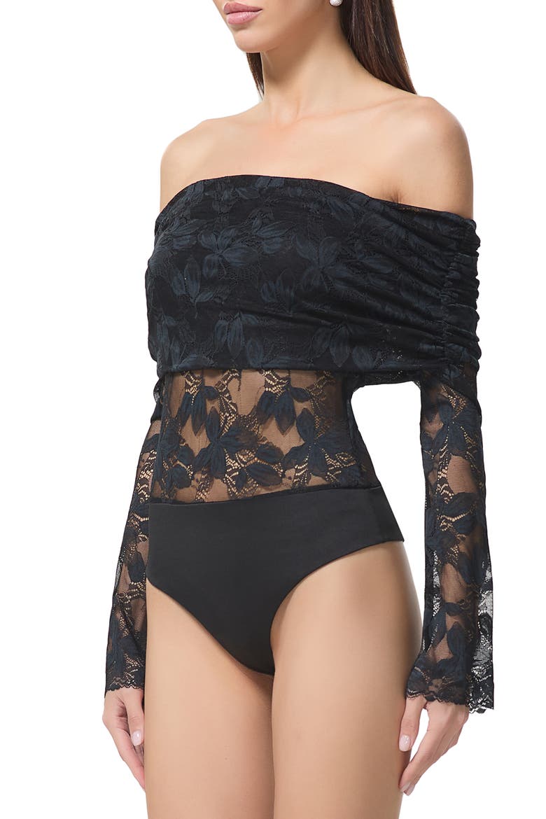 Lennox Ruched Off the Shoulder Lace Bodysuit, Alternate, color, NOIR