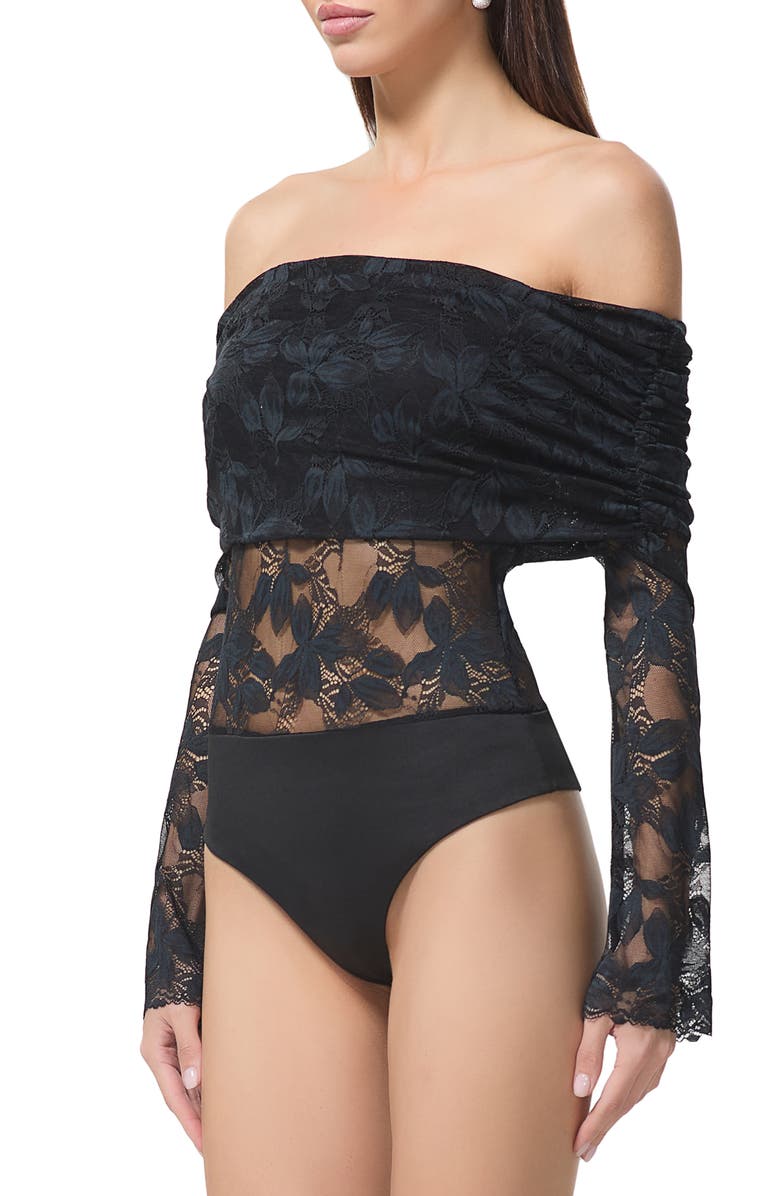 AFRM Lennox Ruched Off the Shoulder Lace Bodysuit, Alternate, color, 