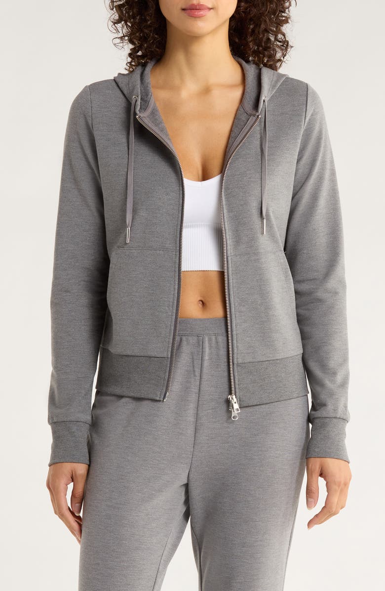 MPG Slim Fit Cozy Recycled Polyester Blend Fleece Full Zip Hoodie, Main, color, Heather Steel Grey