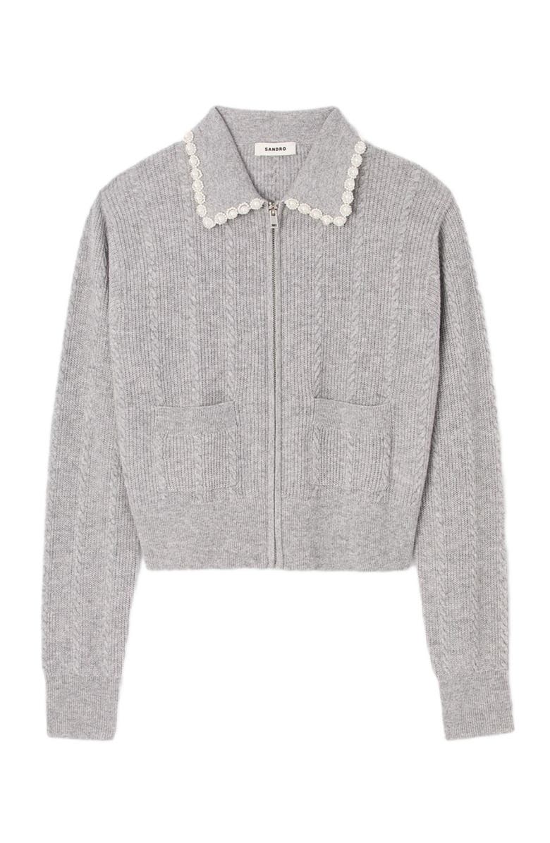 SANDRO Cardigan with beaded collar, Main, color, Grey