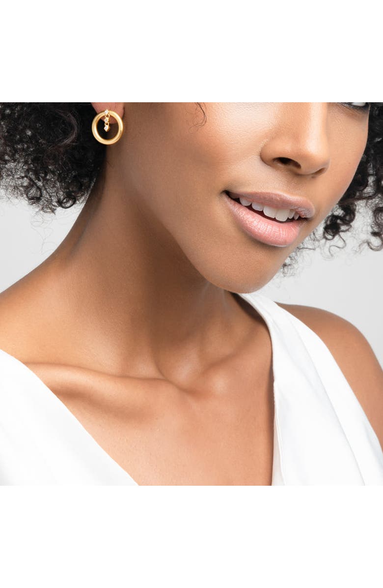 ZARUX Hoop with Three Stones Earrings, Alternate, color, Yellow Gold