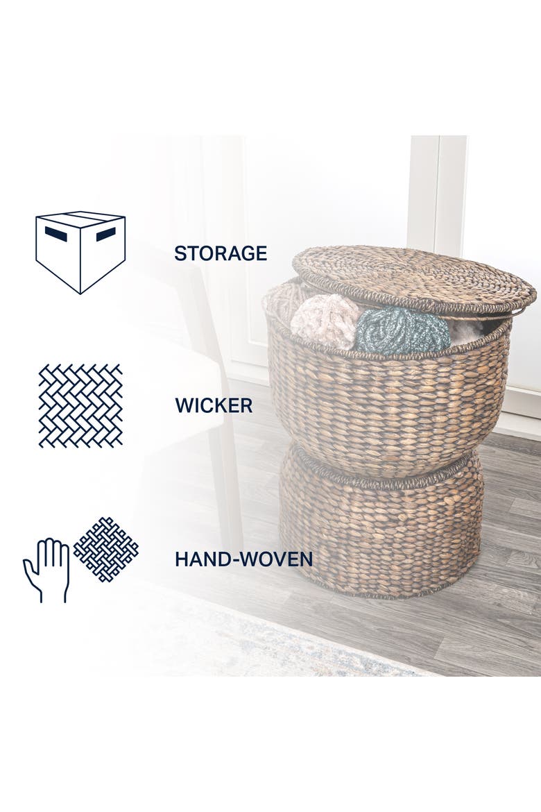Bhola Hourglass Handwoven Hyacinth Storage Accent Table with Lid, Alternate, color, Brown Wash