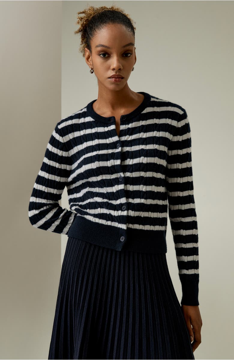 Lilysilk Striped Cable-Knit Cashmere Cardigan, Alternate, color, Blue And White Stripes