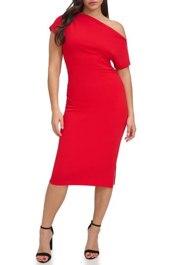 Siena One-shoulder Crepe Scuba Sheath Dress In Red