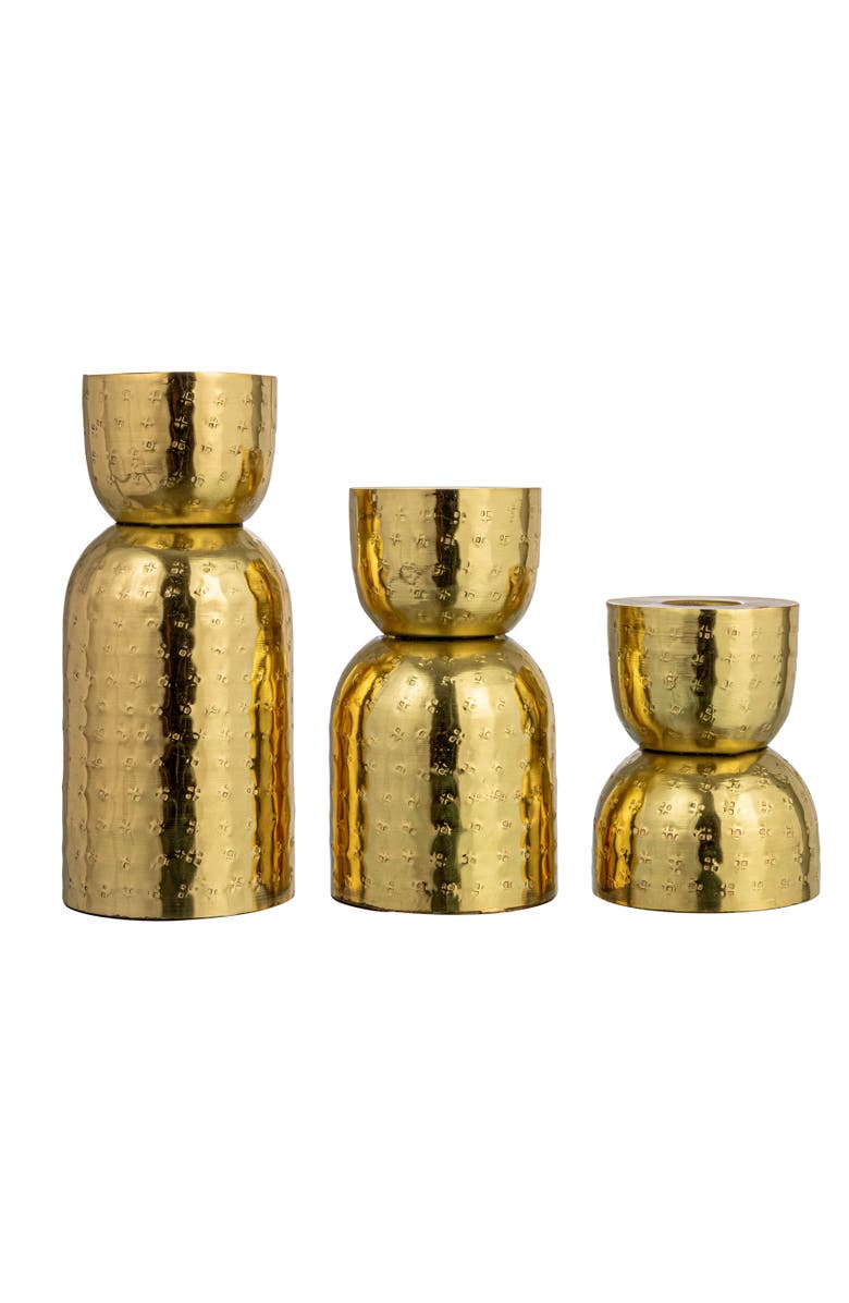 Storied Home Decorative Hammered Metal Taper Holders, Antique Gold Finish, Set of 3, Main, color, Gold