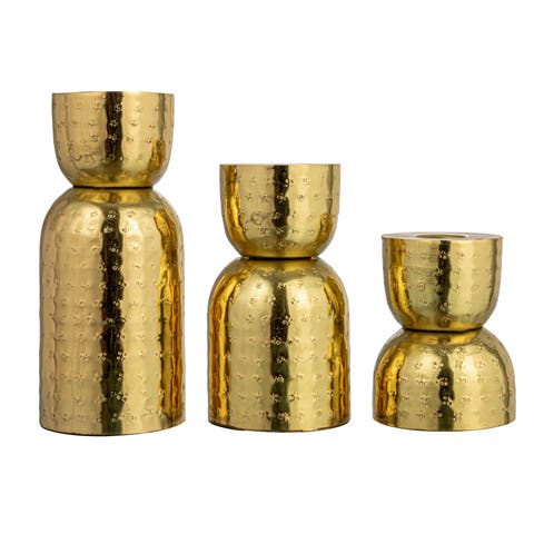 Decorative Hammered Metal Taper Holders, Antique Gold Finish, Set of 3
