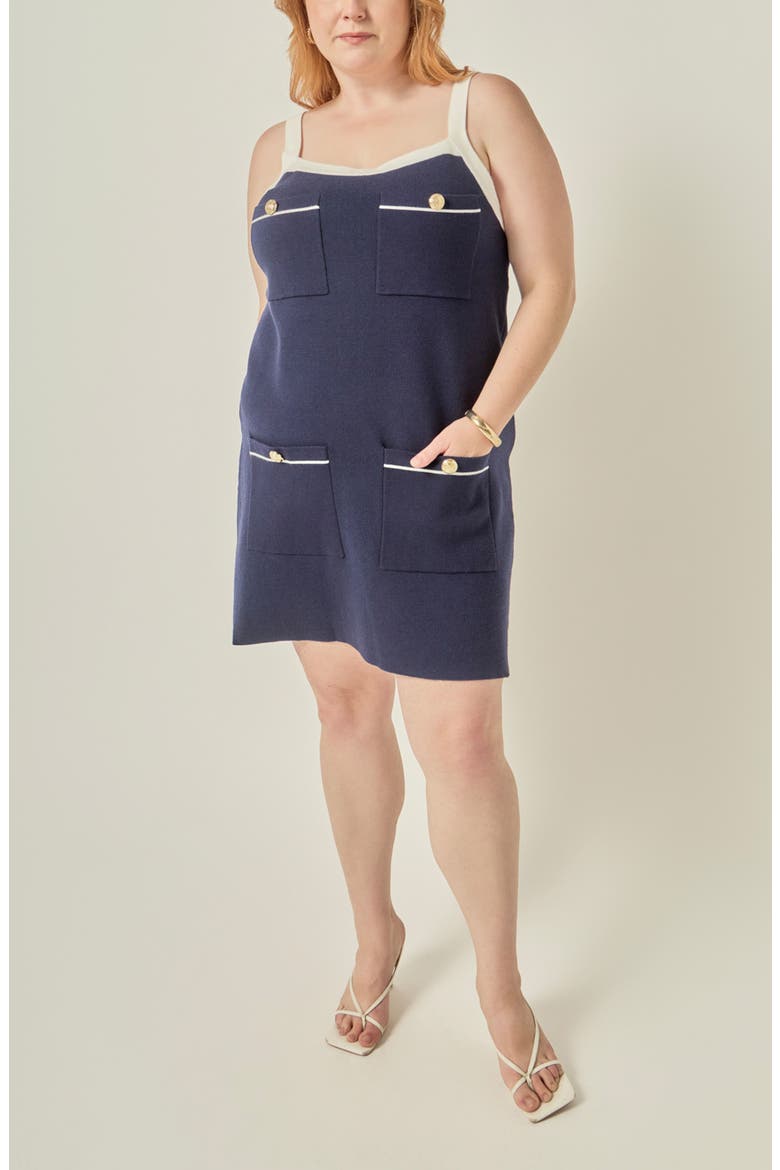 Contrast Trim Patch Pocket Dress, Alternate, color, NAVY/ WHITE