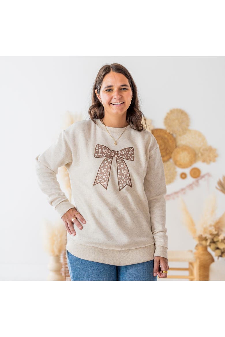 Mocha Floral Bow Patch Women's Sweatshirt, Alternate, color, Natural Heather