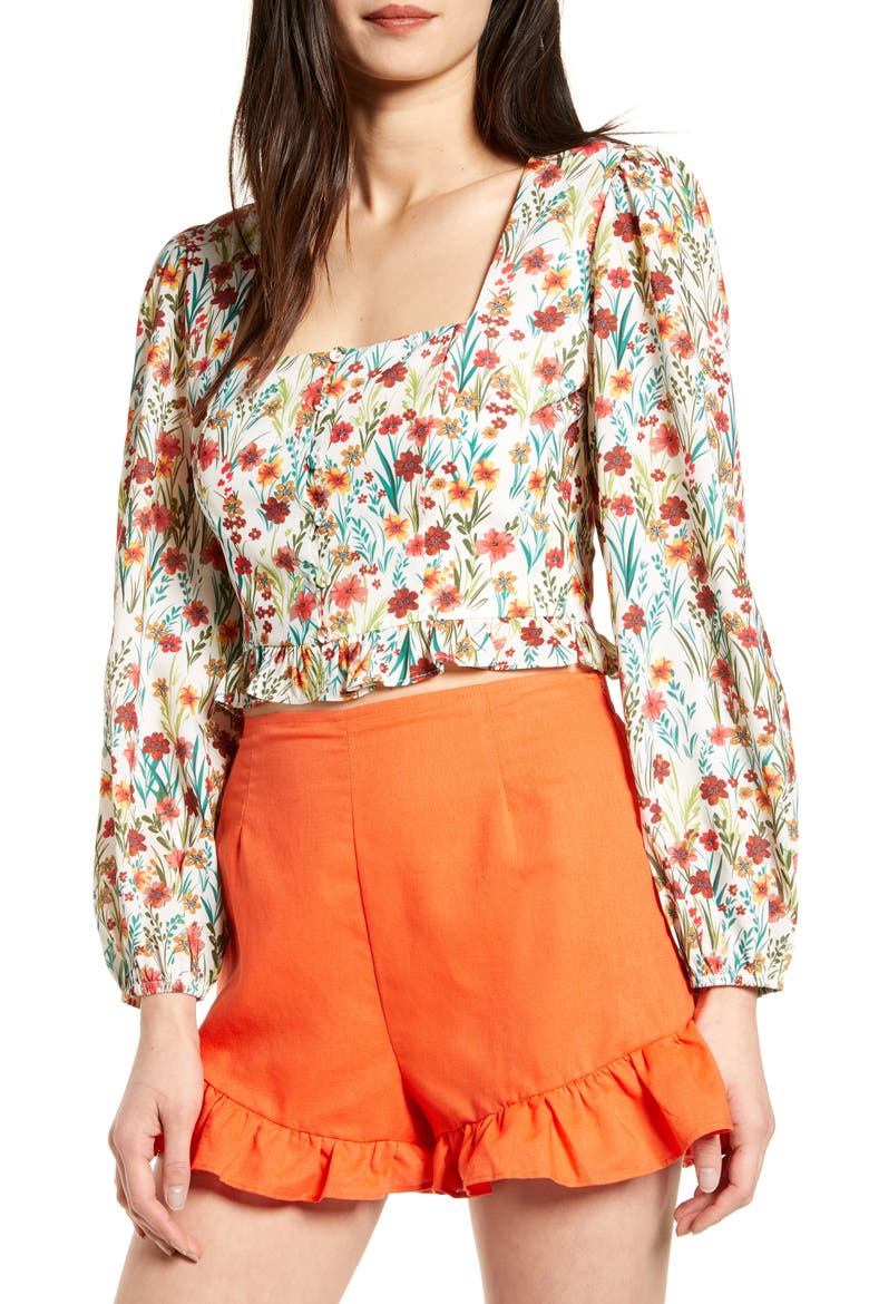 Renee Floral Print Long Sleeve Crop Top, Main, color, WHITE FLORAL
