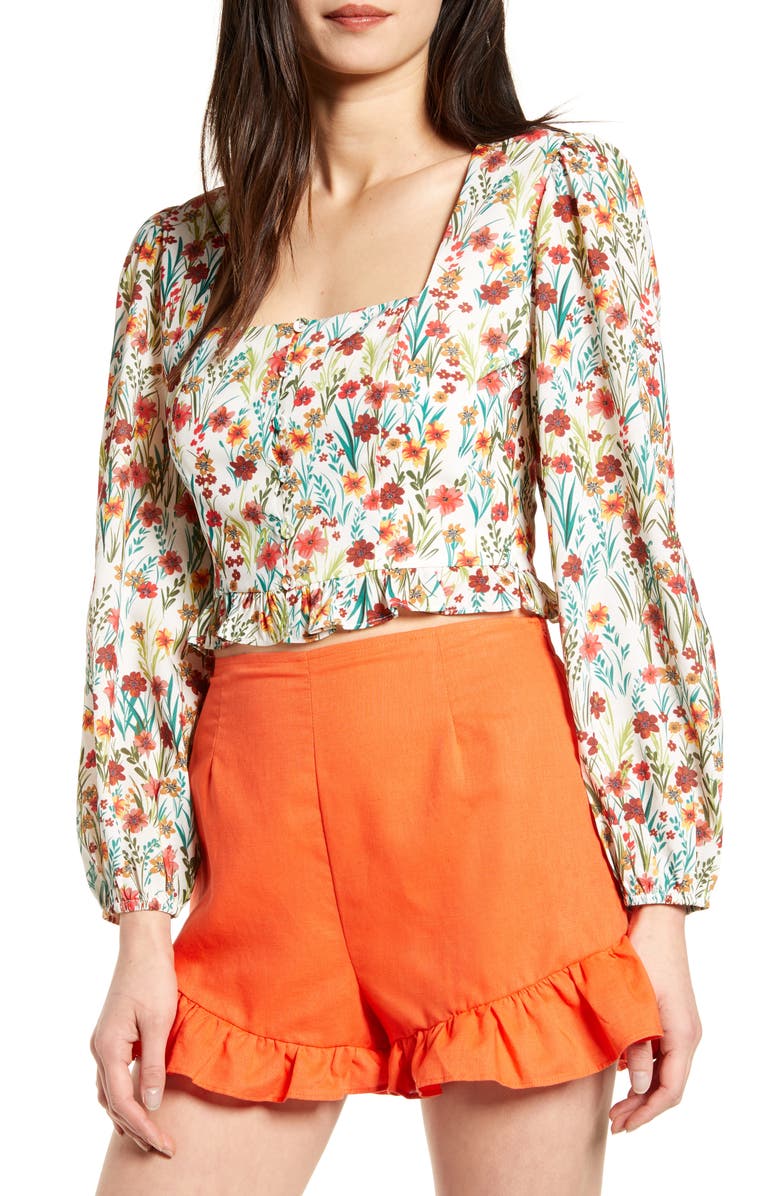 Lost + Wander Renee Floral Print Long Sleeve Crop Top, Main, color, 