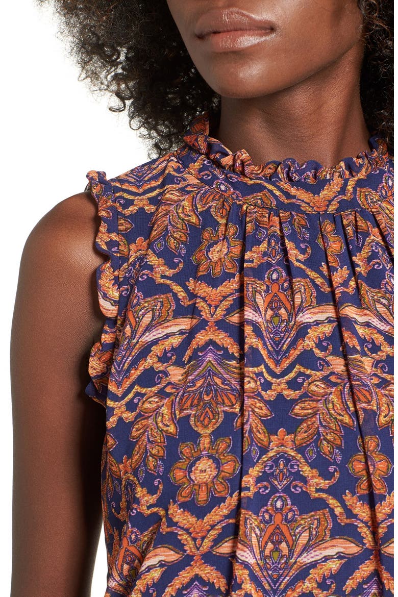 Ruffle Mock Neck Shift Dress, Alternate, color, NAVY/ ORANGE