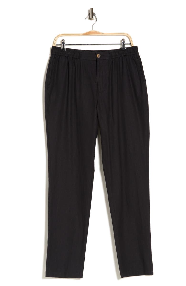 14th & Union Elastic Waist Linen Blend Trim Fit Pants, Alternate, color, Black Caviar