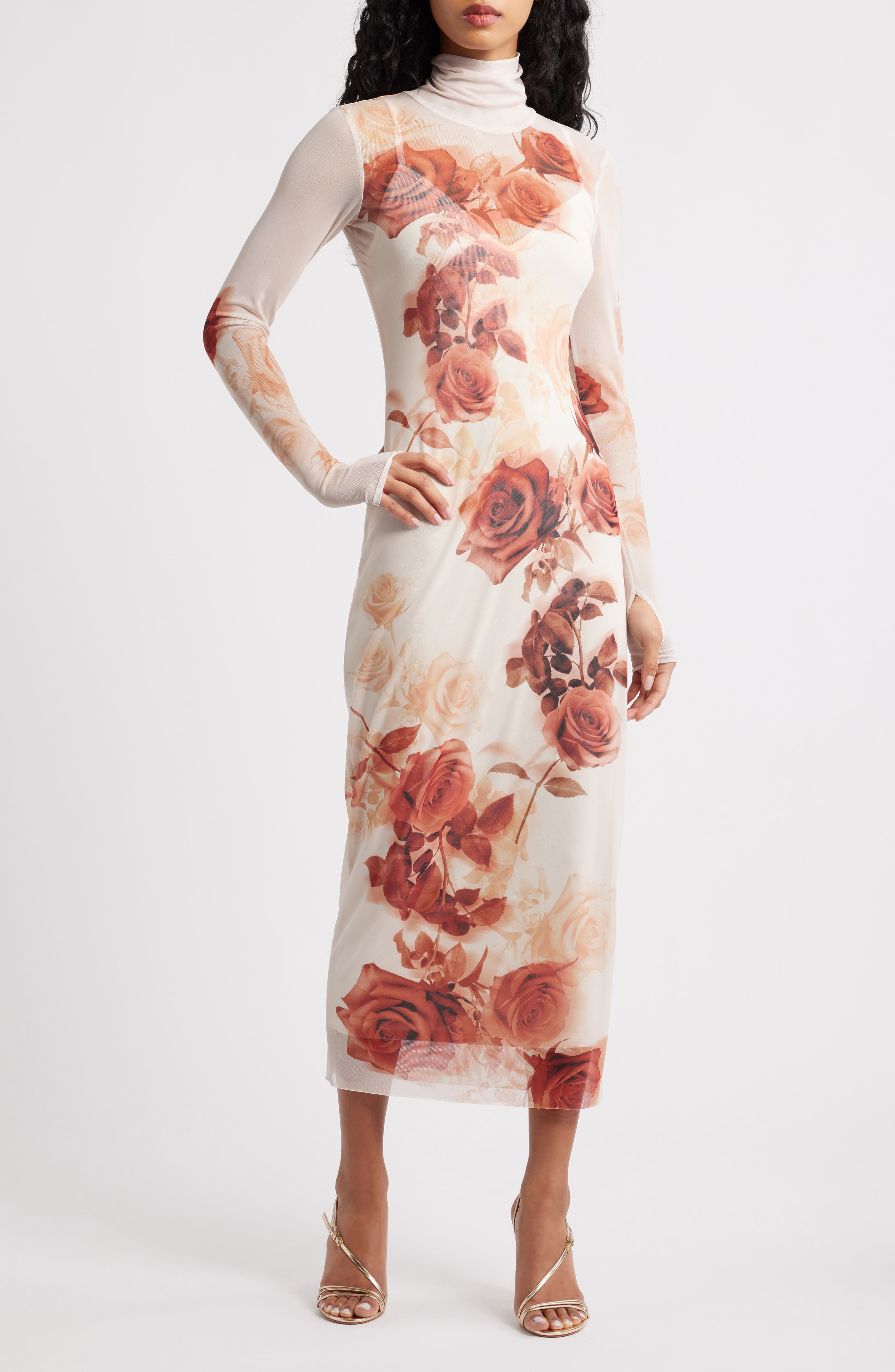 AFRM Shailene Print Long Sleeve Mesh Body-Con Midi Dress
