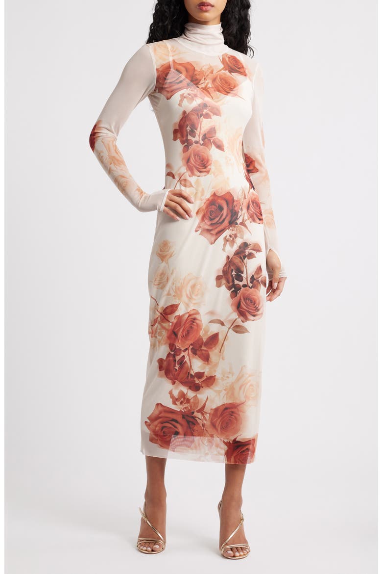 Shailene Print Long Sleeve Mesh Body-Con Midi Dress, Main, color, SEPIA ROSES