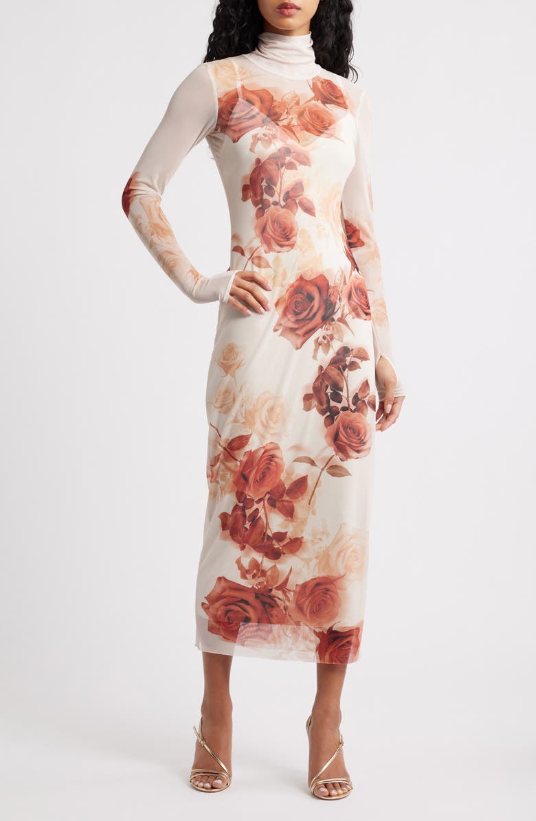 AFRM Shailene Print Long Sleeve Mesh Body-Con Midi Dress, Main, color, Sepia Roses