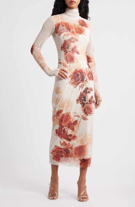 AFRM Shailene Print Long Sleeve Mesh Body-Con Midi Dress