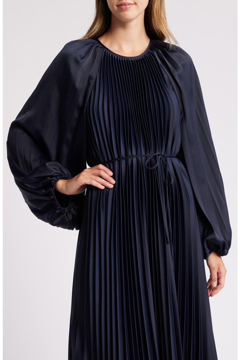 Pleated Long Sleeve Midi Dress, Alternate, color, NAVY