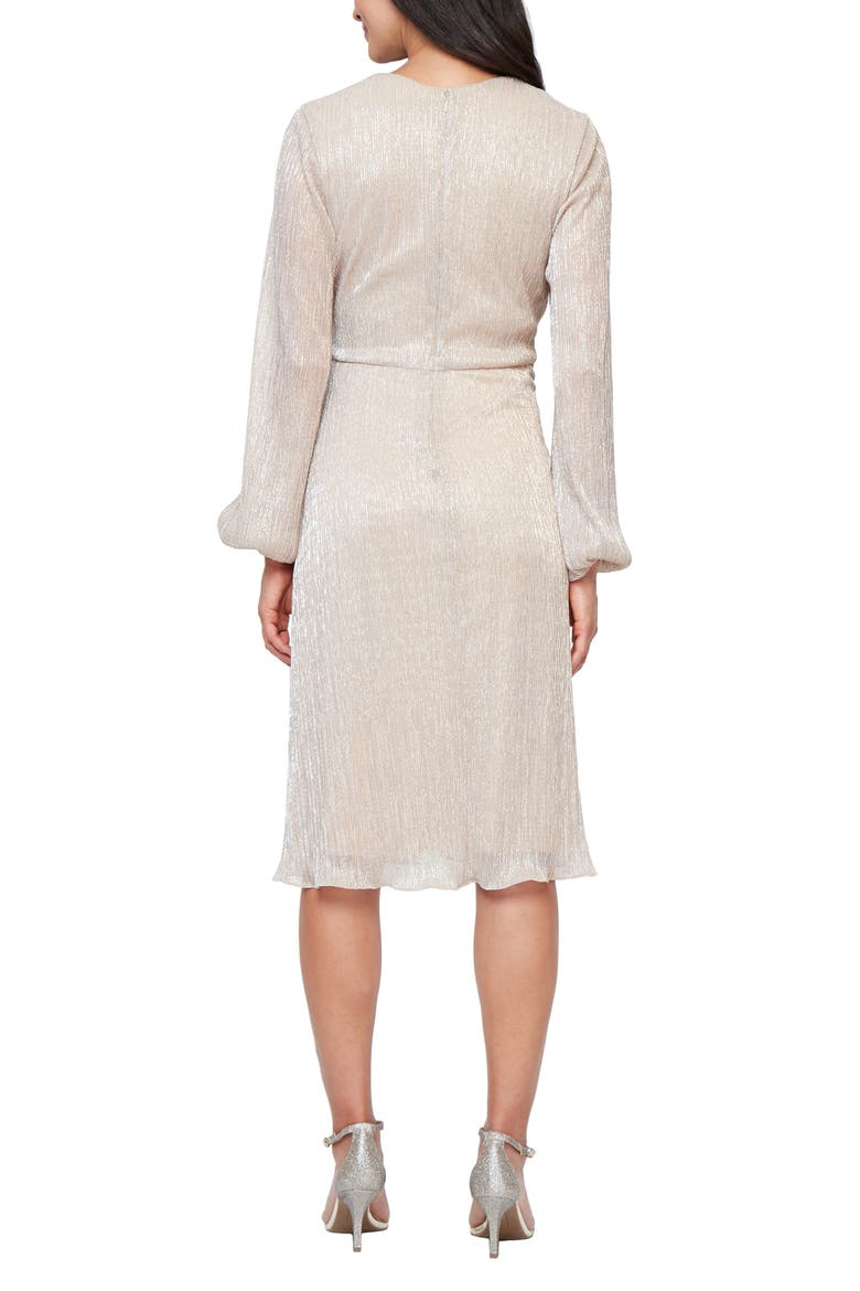 Knot Front Long Sleeve Metallic Chiffon Cocktail Dress, Alternate, color, LIGHT GOLD