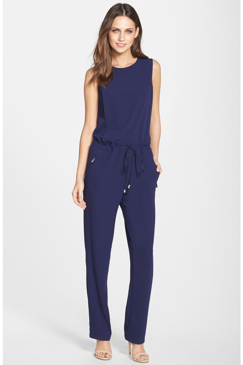 Drawstring Waist Crepe Jumpsuit, Main, color, NAVY