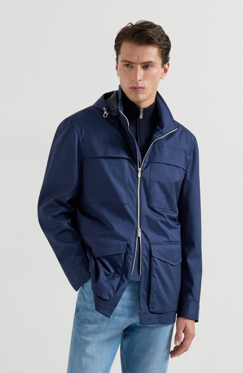 Brunello Cucinelli Safari jacket with detachable hood, Main, color, Blue