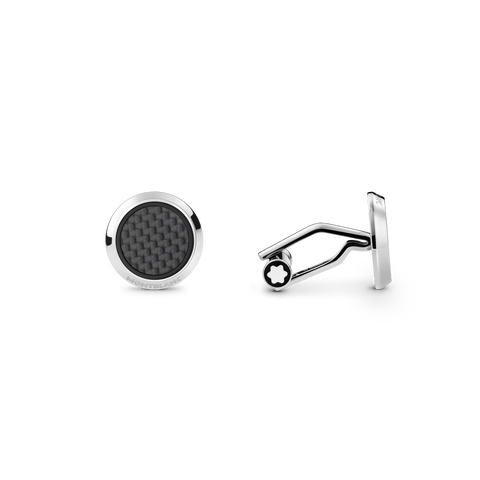 Stainless Steel Carbon-patterned Inlay Round Cufflinks