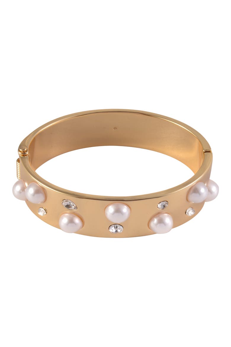 Crystal & Faux Pearl Hinge Bangle Bracelet, Main, color, GOLD
